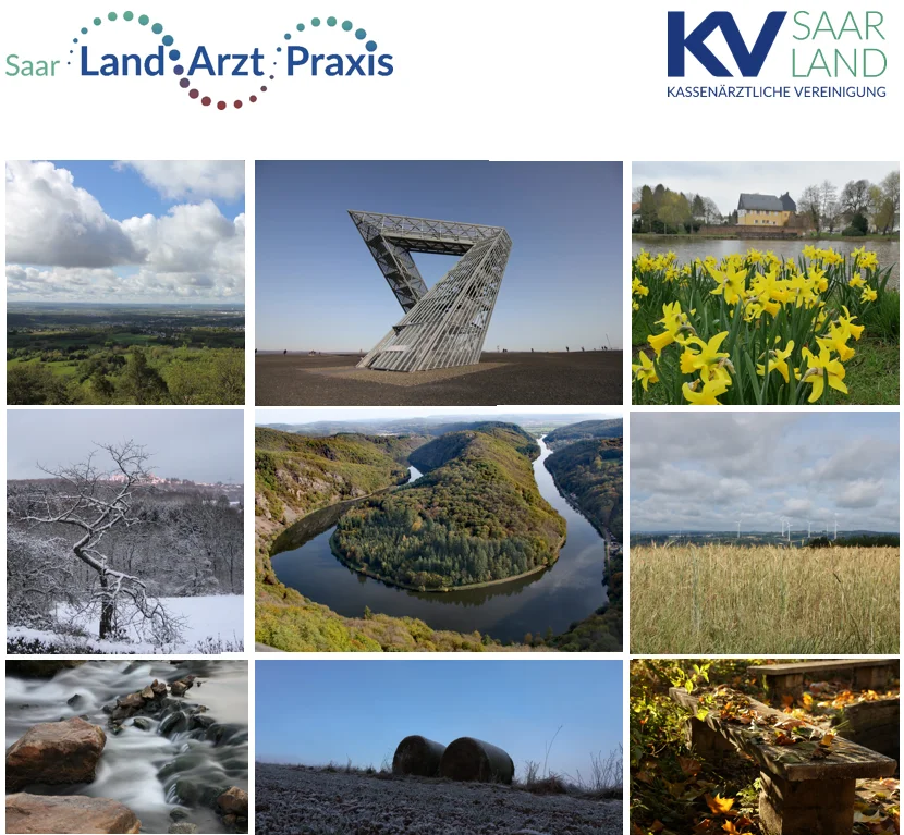 SaarLandArztPraxis- und KV-Logo, darunter verschiedene Saarlandmotive