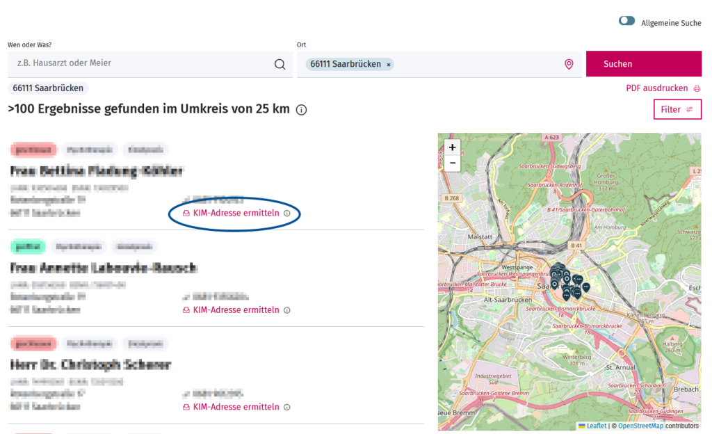 Beispielbild, wie man die KIM-Adresse über die KBV-Kollegensuche ermitteln kann.