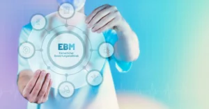 Fotomontage: Arzt hält Hologramm mit Text "EBM"
