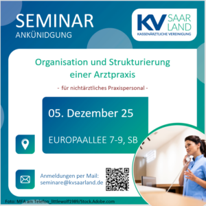 Grafik: Seminarankündigung "Organisation und Strukturierung einer Arztpraxis" am 05.12.2025