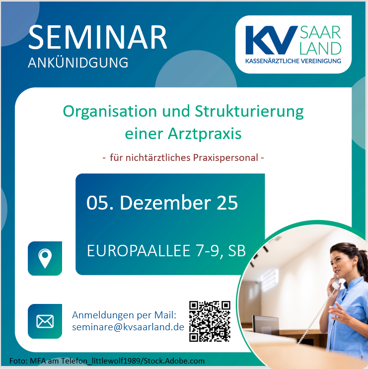 Grafik: Seminarankündigung "Organisation und Strukturierung einer Arztpraxis" am 05.12.2025