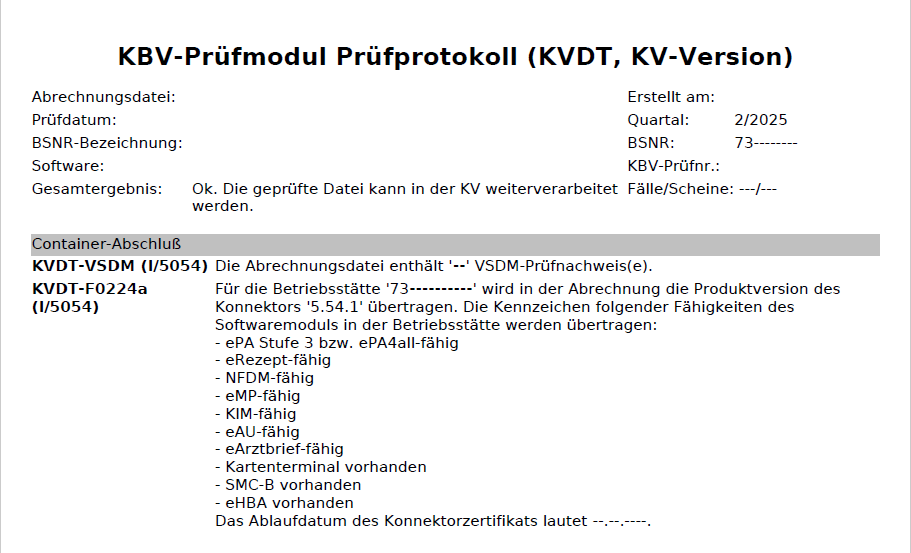 Beispielbild wie ein KBV-Prüfmodul Prüfprotokoll nach Abrechnungsabgabe aussehen kann. Enthalten sind alle Module der Telematikinfrastruktur, die in der Praxis lizensiert sind.