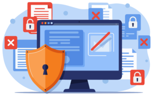 Grafik zu IT Sicherheit: Bildschirm und Dokumente mit Vorhängeschlössern und Sicherheitssymbolen