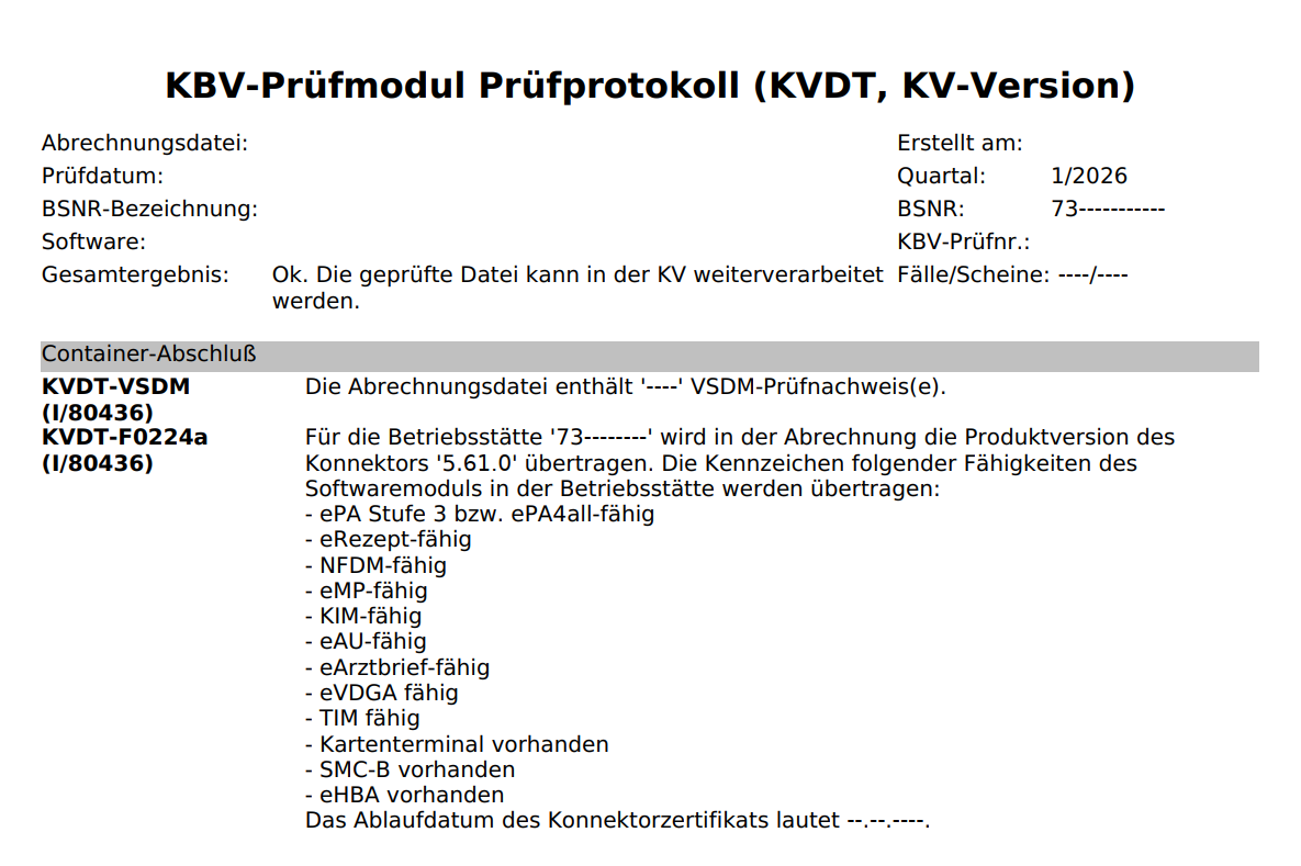 Beispielbild wie ein KBV-Prüfmodul Prüfprotokoll nach Abrechnungsabgabe aussehen kann. Enthalten sind alle Module der Telematikinfrastruktur, die in der Praxis lizensiert sind.